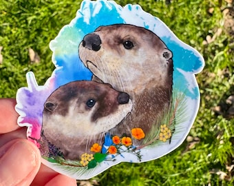 Sticker floral loutre d'Amérique du Nord, sticker imperméable, sticker vinyle, sticker loutre, loutre d'Amérique du Nord, sticker animal, cadeau loutre