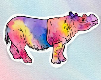 Regenboog neushoorn sticker, Zookeeper sticker, waterdichte sticker, neushoorn sticker, dier sticker, Sumatraanse neushoorn, neushoorn sticker