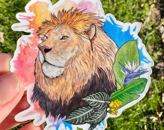Autocollant floral lion, autocollant Zookeeper, autocollant imperméable à l’eau, autocollant bouteille d’eau, autocollant animal, cadeau lion, autocollant lion, lion, gros chat