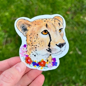 Cheetah with flowers sticker, waterproof sticker, rainbow sticker, cheetah sticker, animal sticker, cheetah gift, cheetah decor, cheetah