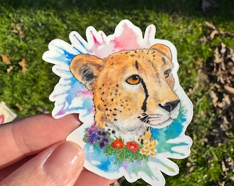 Sticker floral guépard, sticker imperméable, sticker bouteille d'eau, sticker arc-en-ciel, sticker animal, cadeau guépard, déco guépard, guépard