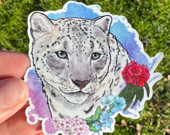 Snow leopard floral sticker, wildlife sticker, waterproof sticker, snow leopard gift, animal decor, snow leopard sticker, big cat, leopard