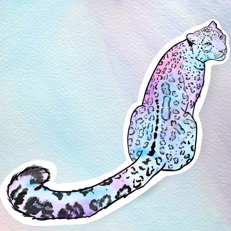 May include: A colorful illustration of a snow leopard with a pink and blue gradient. The leopard is sitting with its tail curled around its body.