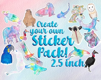 Créez votre propre lot d'autocollants, 2,5 pouces, animaux arc-en-ciel, autocollant gardien de zoo, autocollant imperméable, autocollant animal, lot d'autocollants