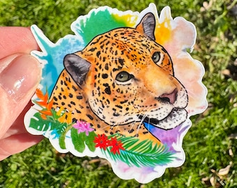 Sticker floral Jaguar, sticker Jaguar, sticker imperméable, cadeau animal, sticker, déco animalière, cadeau jaguar, jaguar, cadeau animal, gros chat