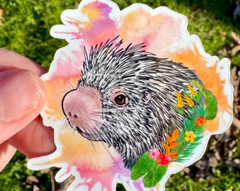 Autocollant floral de porc-épic à queue préhensile, porc-épic à queue préhensile, autocollant coedu, cadeau animal, cadeau coendu, autocollant de porc-épic