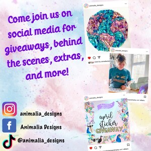 May include: A collage of social media posts promoting a sticker giveaway. The posts feature a colourful mosaic of the world, a woman working on a sticker design, and a close-up of the sticker designs. The text on the posts reads "Come join us on social media for giveaways, behind the scenes, extras, and more!" and "April Sticker Giveaway".