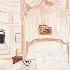 Baby Rosa Elegantes Paris The Ritz Hotel Schlafzimmer Original Aquarell Malerei Kunstdruck