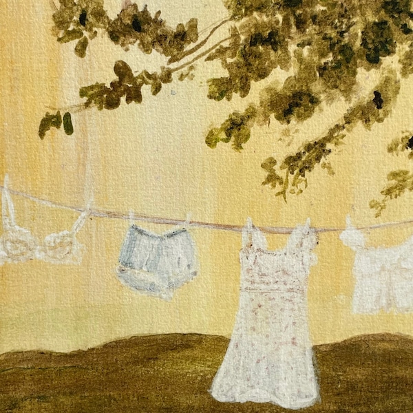 Sunday French Linen Laundry Clothesline Painting Wall Art Vintage Lingerie Old Style Watercolour Print Farmhouse Country Garden