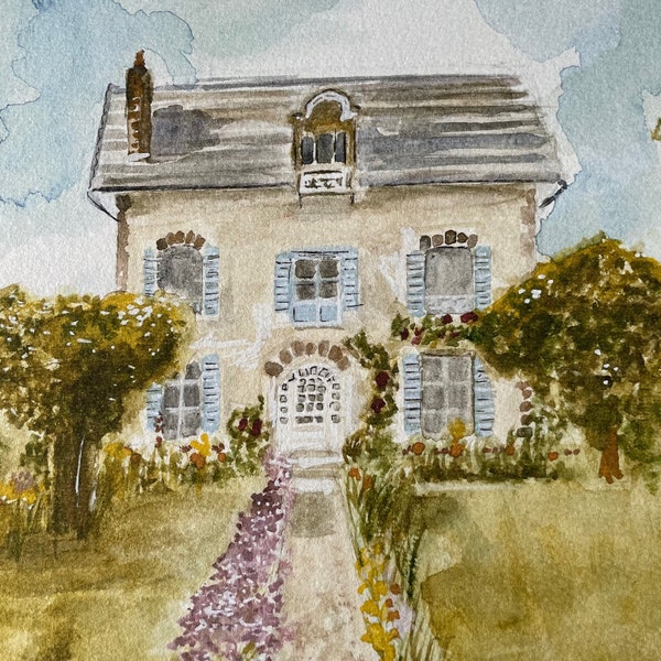 Impression d'art mural maison de campagne française vintage printemps botanique ferme aquarelle pendaison de crémaillère maison de campagne style chic provençal esthétique