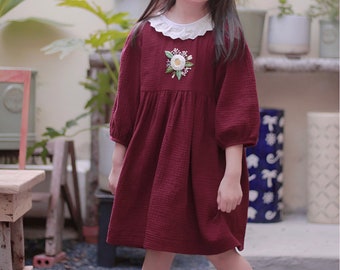Hand embroidered girl dress / Muslin cotton dress for baby girl/double gauzz 3/4 sleeve dress