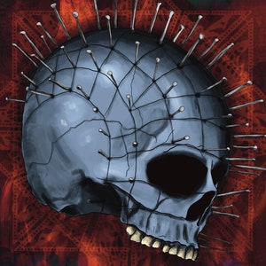 May include: A blue skull with a large number of metal pins protruding from its head. The skull is set against a dark red background with a geometric pattern.