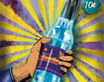 May include: A retro-style advertisement for Nuka Cola Quantum, a blue soda with a purple label. The ad features a hand holding a bottle of the soda against a yellow and purple background with the text "Take the leap! Enjoy a Quantum".