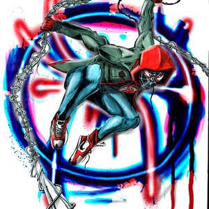 May include: A digital illustration of a superhero wearing a red hooded jacket, black mask, and blue jeans. The superhero is holding a chain in their right hand and is jumping in the air. The background is a blue and red circle with a white background.