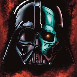 May include: A digital illustration of Darth Vader's helmet with a skull on the right side. The skull is green and has a glowing orange eye. The background is a dark red with a grunge effect.