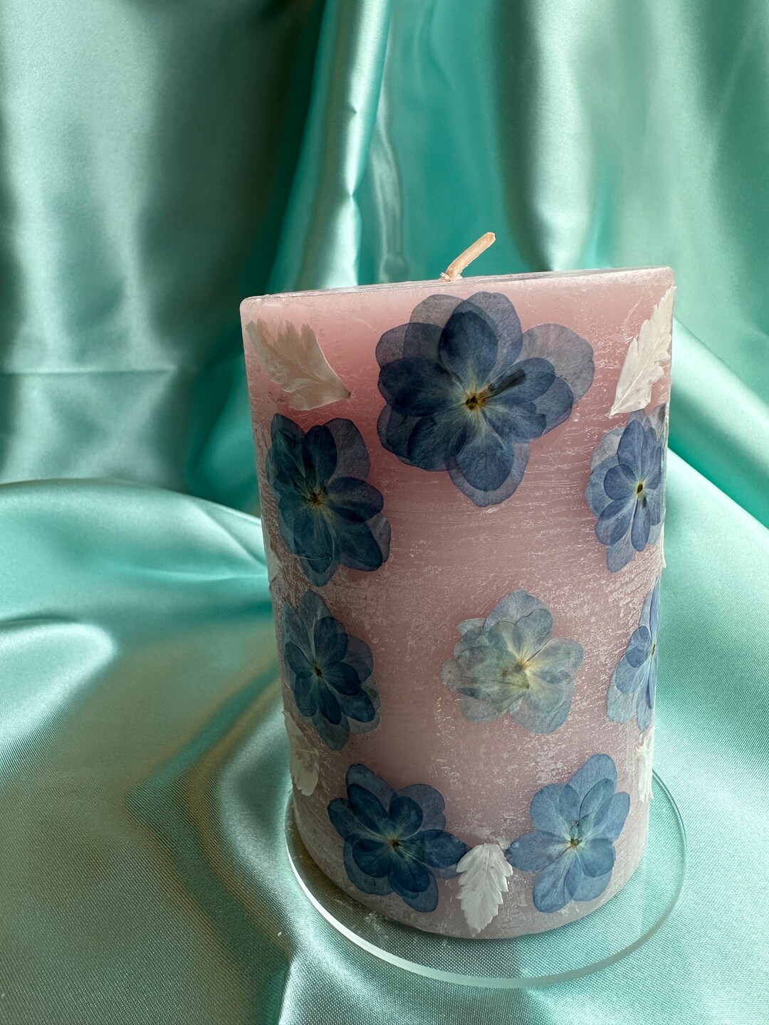 Blue Hydrangeas & Bleached White Fern on a Pink Scented Candle. A Pressed Flower Candle Etsy