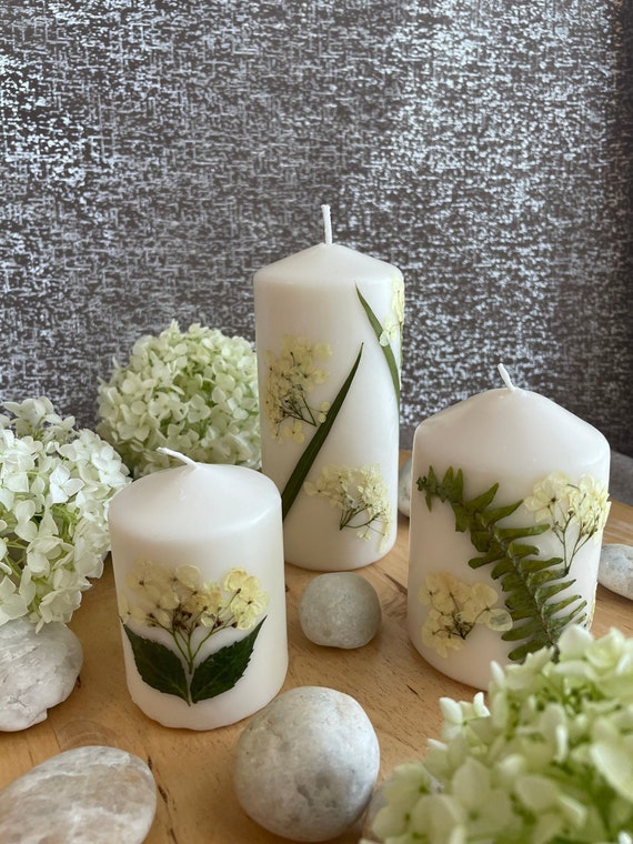 Elegant Set of Pressed Flower Candles in White Hydrangeas 