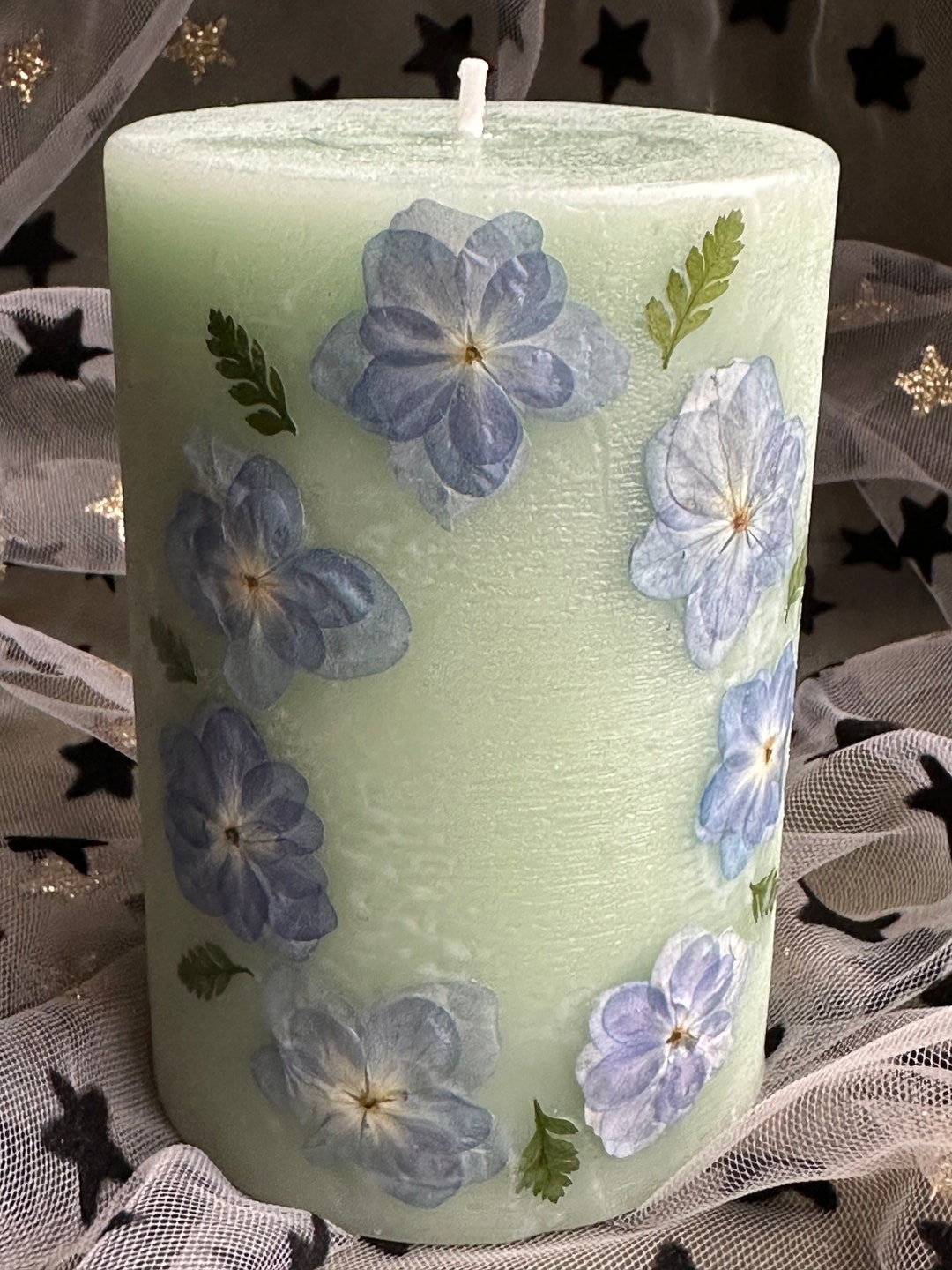 Blue Hydrangeas &light Green Candle . A Scented Pressed Flower Candle, Etsy