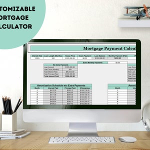 May include: A customizable mortgage calculator on a computer screen. The calculator shows a table with columns for interest rate, loan length, house price, down payment, loan balance, monthly payment, and extra monthly payments. The table also includes an amortization schedule with columns for month, interest paid, principal paid, and remaining balance.