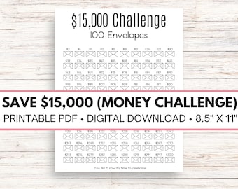 15k Savings Challenge Printable, 100 Day Envelope Tracker (PDF)