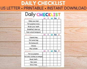 Chore Chart For Kids, Kids Chore Chart Printable, Daily Checklist For Kids, Responsibility Chart, Instant Download