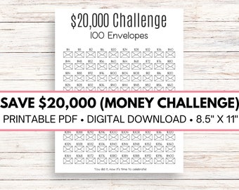 20k Envelope Challenge, 100 Day Envelope Challenge, Envelope Savings Challenge, 20k Money Envelope Challenge