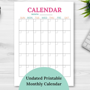 Monthly Calendar - Printable Calendar, Desk Calendar, Family Calendar