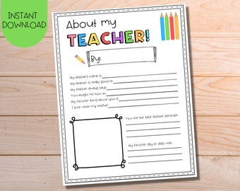 All About My Teacher Printable, Teacher Appreciation Printables, Teacher Appreciation Week, Instant Download