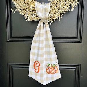 Personalized Fall Wreath Sash: Embroidered Pumpkin Monogram, Buffalo Plaid