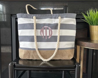 Personalized Striped Beach Tote Bag: Monogrammed Rope Handle Canvas
