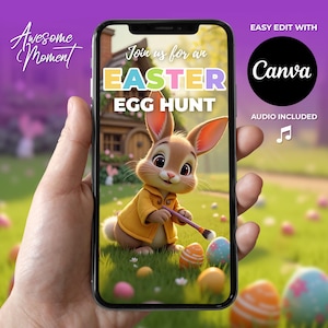 Op de afbeelding: Een digitale uitnodiging voor een paaseierenjacht met een cartoonkonijn dat een kwast vasthoudt en kleurrijke eieren op een groene grasachtige achtergrond. De tekst op de uitnodiging luidt "Join us for an Easter Egg Hunt".