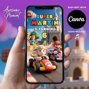 Super Mario Kart Birthday Video Invitation Mario Party Invite Editable Canva Template Digital Download Kids Racing Birthday Animated Invite