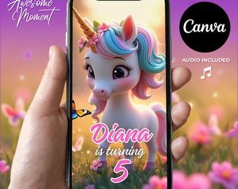 Editable Unicorn Invitation Birthday Video Canva Template Invitation Unicorn Template Instant Download Unicorn Party Invitation