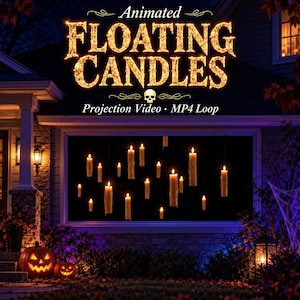 Może przedstawiać: Cyfrowe wideo projekcyjne przedstawiające animowane lewitujące świece w oknie domu. Tekst brzmi Animated FLOATING CANDLES Projection Video MP4 Loop z małą ikoną czaszki oraz dwiema dyniami na dole obrazu.