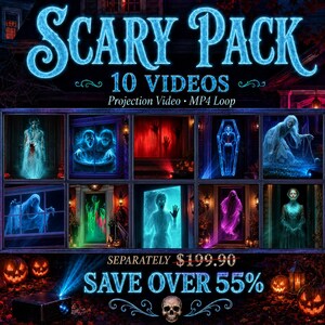 Puede incluir: Una colección digital titulada SCARY PACK 10 VIDEOS Projection Video MP4 Loop que presenta diez escenas de terror distintas con fantasmas, esqueletos y figuras en ventanas, con texto sobre ahorros y un icono de calavera en la parte inferior.