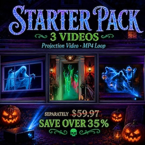 May include: A digital starter pack featuring 3 Halloween projection videos in MP4 loop format. The display shows a blue ghost in a window, green skeletal hands in a doorway, and blue spirits with pumpkins. Includes jack-o'-lanterns and a projector.