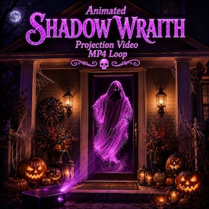 May include: An animated projection video titled Animated Shadow Wraith MP4 Loop featuring a glowing purple spectral figure in a hooded robe appearing on a front door, surrounded by jack-o'-lanterns and lanterns on a porch at night.