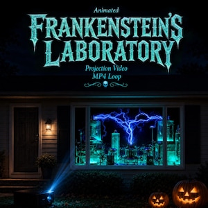 May include: An animated projection video titled Frankenstein's Laboratory MP4 Loop. The display shows a glowing blue electrical discharge inside a laboratory setting, projected onto a house window, with two carved jack-o'-lanterns on the lawn.