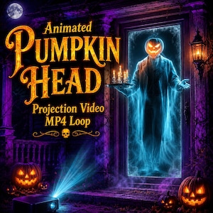 Pumpkin Head Halloween Projection Video, Animated Jack O Lantern Man MP4 Loop, Spooky Window Door Projector Decoration, Haunted House Effect