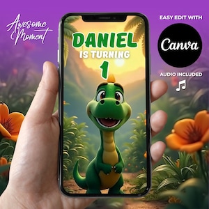 Zaproszenie na urodziny dinozaura Wideo Dino Party Invite Edytowalny szablon Canva Pobieranie cyfrowe Spersonalizowane zaproszenie na pierwsze urodziny dziecka Dino