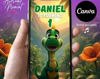 Dinosaur Birthday Invitation Video Dino Party Invite Editable Canva Template Digital Download Personalized Kids 1st Birthday Dino Invitation