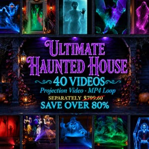 Könnte beinhalten: Eine digitale Sammlung mit dem Titel Ultimate Haunted House 40 Videos, die verschiedene Halloween-Projektionsschleifen mit Geistern, Hexen, Fledermäusen und Skeletten in leuchtenden Neonfarben wie Blau, Lila, Grün und Rot zeigt.