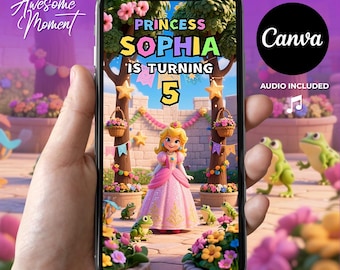Princess Peach Mario Invitation Video Super Mario Party Invite Editable Canva Template Peach Princess Party Animated Invite