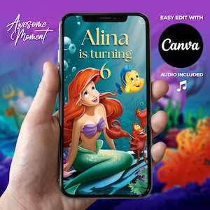 Mermaid Birthday Invitation Video Ariel Theme Under the Sea Party Editable Canva Template Audio Included Digital Invite For Girl