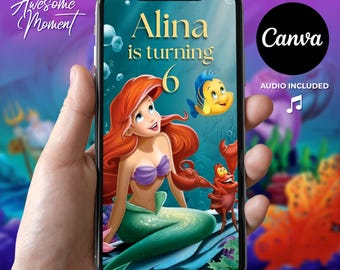 Mermaid Birthday Invitation Video Ariel Theme Under the Sea Party Editable Canva Template Audio Included Digital Invite For Girl
