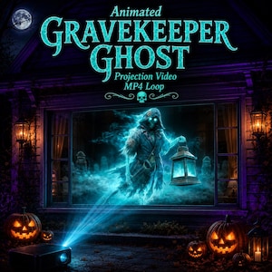 May include: An animated projection video MP4 loop titled Animated Gravekeeper Ghost featuring a glowing blue skeletal figure in a hooded robe holding a lantern, displayed on a window with jack-o'-lanterns and a projector in the foreground.