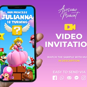 Princess Peach Mario invitation, Super Princess video invitation, animated invitation, Peach party