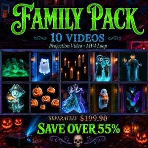 May include: A digital collection titled FAMILY PACK 10 VIDEOS Projection Video MP4 Loop featuring ten distinct Halloween-themed animations including ghosts, pumpkins, dancing figures, and bats displayed in a grid layout with dark backgrounds.