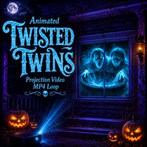 Może przedstawiać: Animowany film projekcyjny w pętli MP4 zatytułowany Animated Twisted Twins, przedstawiający dwie świecące na niebiesko widmowe postacie pojawiające się w oknie, otoczone pomarańczowymi dyniami i projektorem rzucającym wiązkę światła.