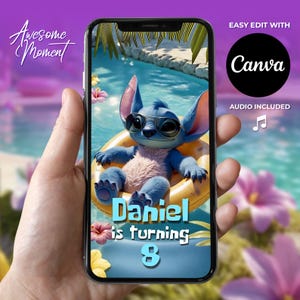 Pool Party Stitch Birthday Invitation Video Canva Template Invitation Summer Birthday Stitch Animated Invite for Kids Tropical Luau Theme